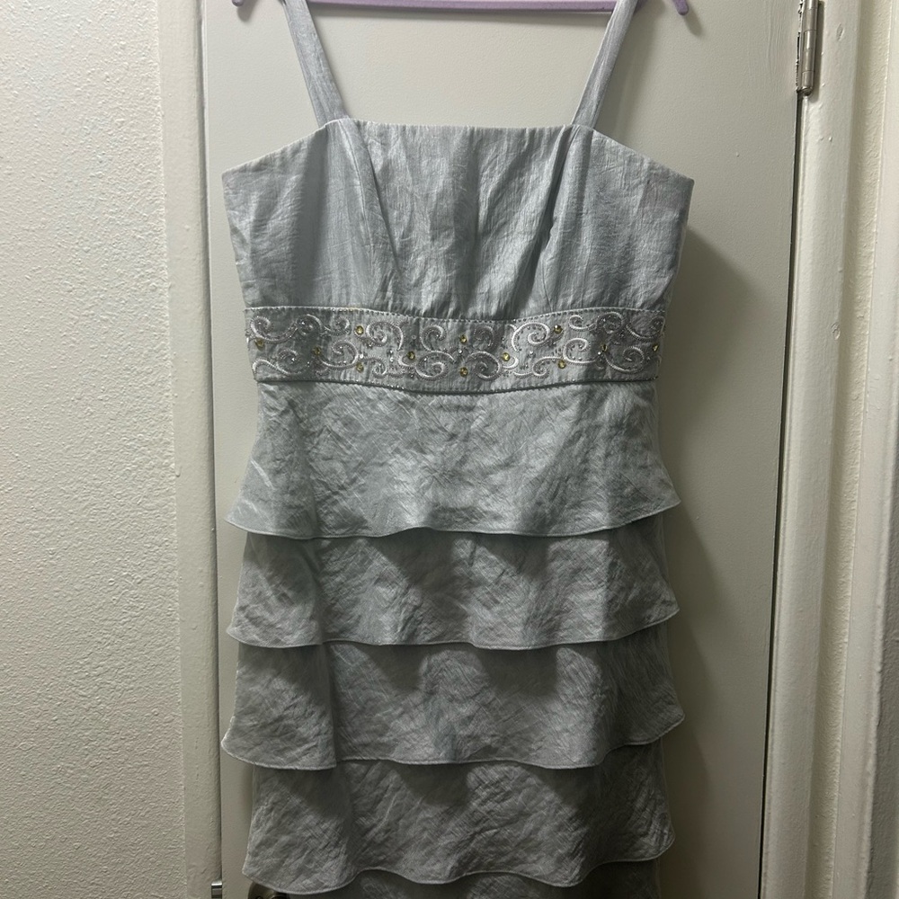 David's Bridal Silver Midi Sundress Spaghetti Strap